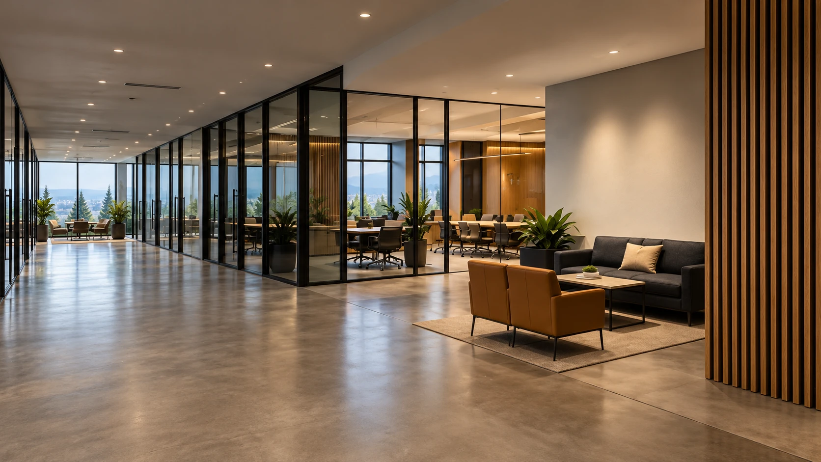 Illustrative commercial lobby with warm wood details and glass partitions